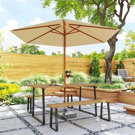 Wooden dining room set for 6 with table, benches and umbrella hole