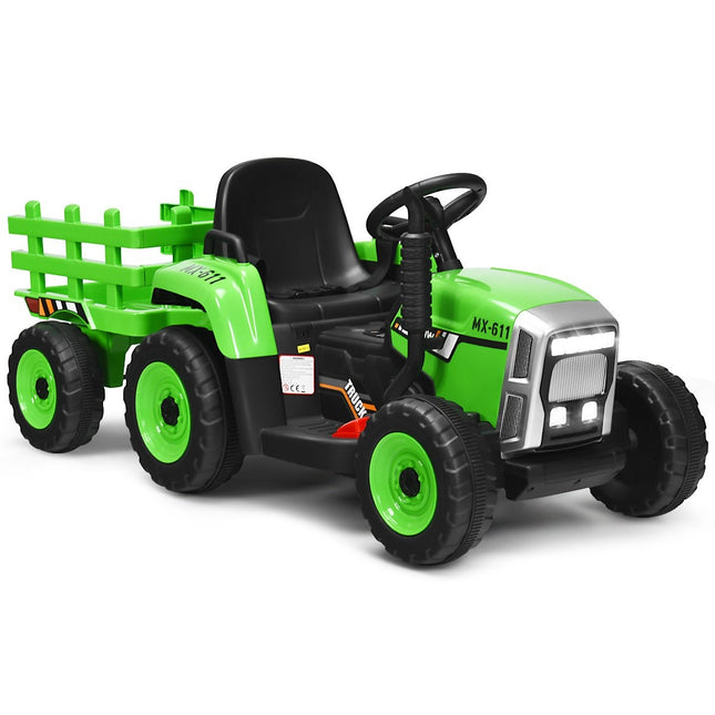 Dětský traktor 12V se 3 rychlostmi, elektrické vozítko s odnímatelným vlekem, LED světly, klaksonem a USB funkcemi, zelený
