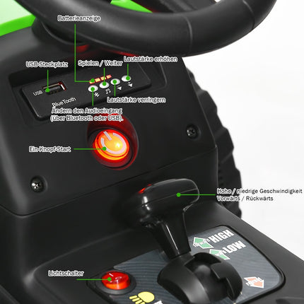 Dětský traktor 12V se 3 rychlostmi, elektrické vozítko s odnímatelným vlekem, LED světly, klaksonem a USB funkcemi, zelený