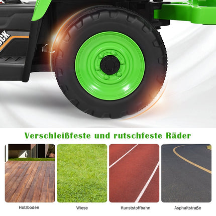Dětský traktor 12V se 3 rychlostmi, elektrické vozítko s odnímatelným vlekem, LED světly, klaksonem a USB funkcemi, zelený