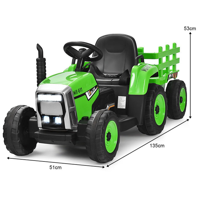 Dětský traktor 12V se 3 rychlostmi, elektrické vozítko s odnímatelným vlekem, LED světly, klaksonem a USB funkcemi, zelený