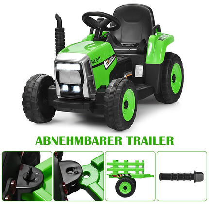 Dětský traktor 12V se 3 rychlostmi, elektrické vozítko s odnímatelným vlekem, LED světly, klaksonem a USB funkcemi, zelený