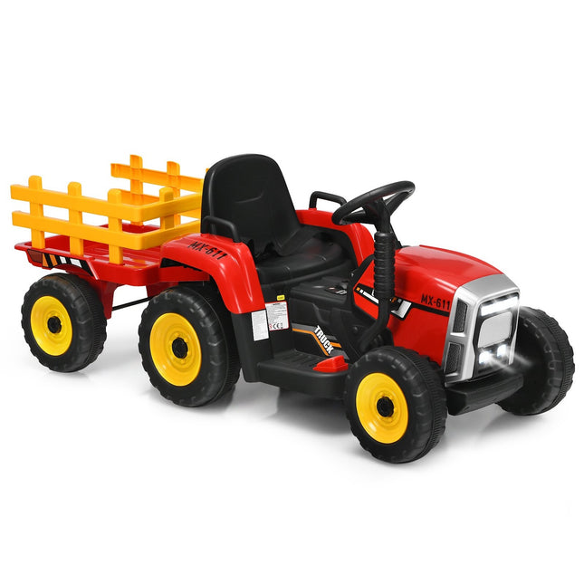 Dětský traktor 12V se 3 rychlostmi, elektrické vozítko s odnímatelným vlekem, červený