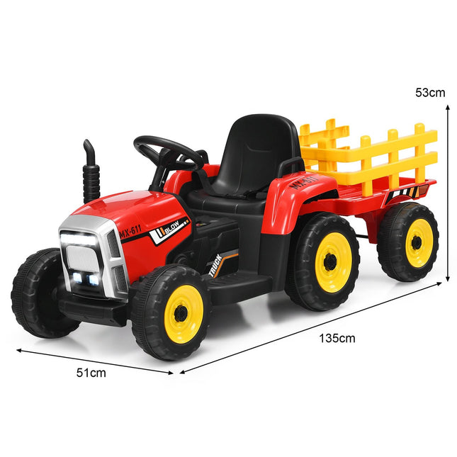 Dětský traktor 12V se 3 rychlostmi, elektrické vozítko s odnímatelným vlekem, červený