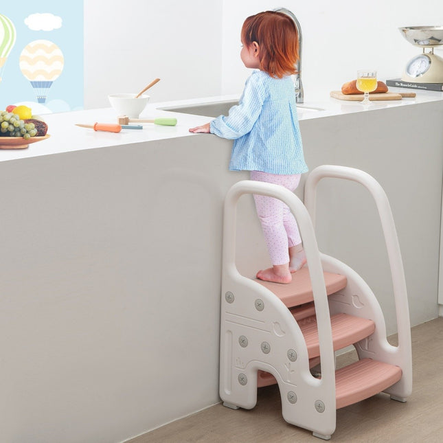 3stupňové schůdky pro děti, pomůcka na lezení s bezpečnostními madly, nosnost 50 kg růžové