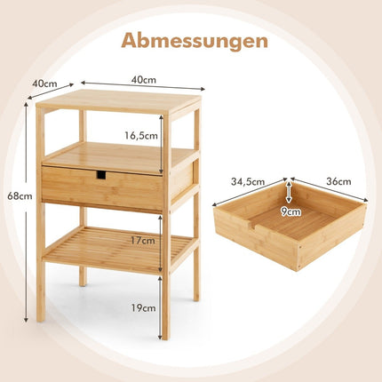 3-tier bedside table made of bamboo with drawer and slatted shelf side table natural