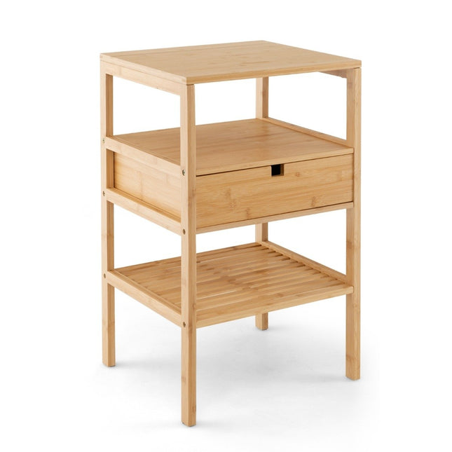 3-tier bedside table made of bamboo with drawer and slatted shelf side table natural