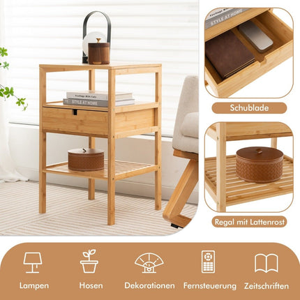 3-tier bedside table made of bamboo with drawer and slatted shelf side table natural
