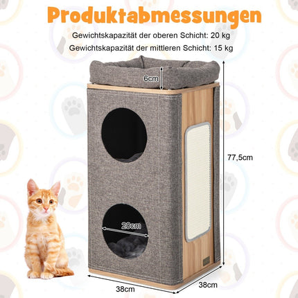 3patrová kočičí jeskyně se škrabadlem a 3 podložkami, hrací sud pro kočky do 20 kg, šedá + přírodní
