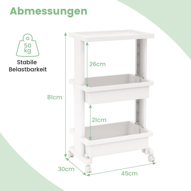 3-laags trolley met tafelblad en vergrendelbare wielen kunststof trolley
