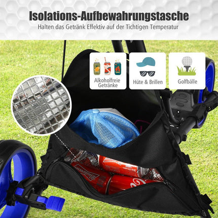Skládací tříkolový golfový vozík s tabulí na skóre, držákem deštníku a T-držákem, černý + modrý