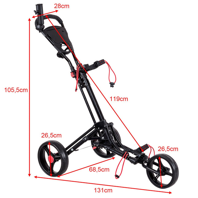 Tříkolový golfový vozík, skládací golfový vozík na tlačení i tažení, černý