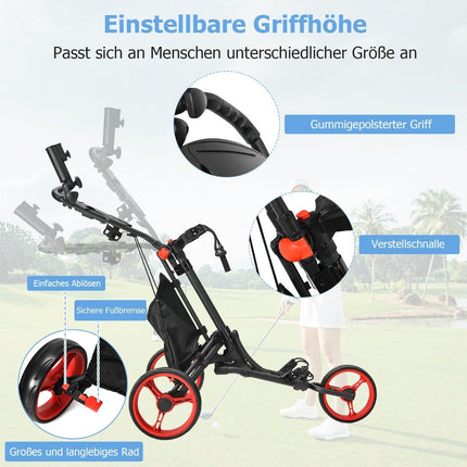 3kolový golfový vozík z hliníku s držákem deštníku, držákem týček a úložnou taškou