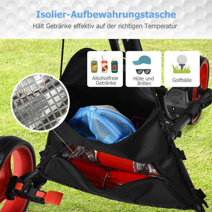3kolový golfový vozík z hliníku s držákem deštníku, držákem týček a úložnou taškou