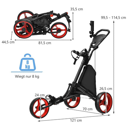 3kolový golfový vozík z hliníku s držákem deštníku, držákem týček a úložnou taškou