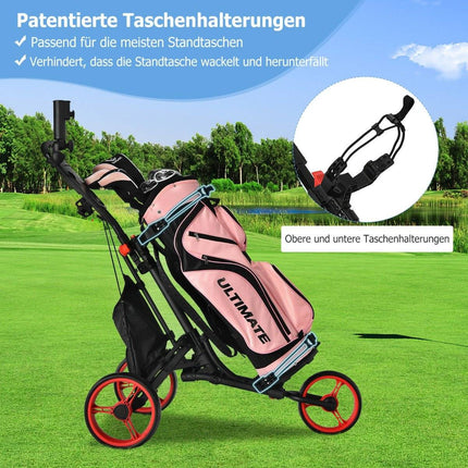 3kolový golfový vozík z hliníku s držákem deštníku, držákem týček a úložnou taškou