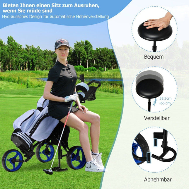 3kolový golfový vozík z hliníku s držákem deštníku a sedátkem, skládací golfový vozík modrý