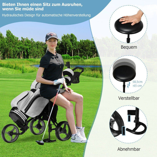 3kolový golfový vozík z hliníku s držákem deštníku a sedátkem, skládací golfový vozík šedý