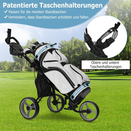 3kolový golfový vozík z hliníku s držákem deštníku a sedátkem, skládací golfový vozík šedý