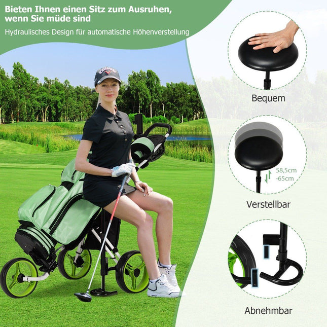 Zelený 3kolový golfový vozík se skládacím sedátkem a držákem deštníku