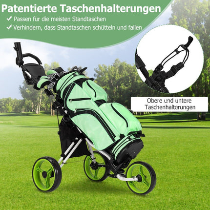 Zelený 3kolový golfový vozík se skládacím sedátkem a držákem deštníku
