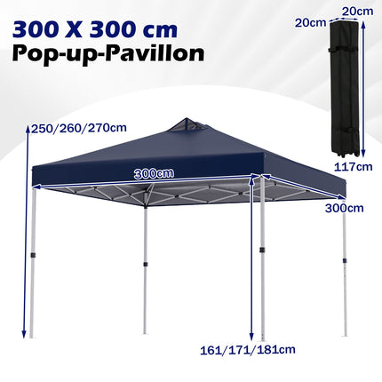 3 x 3 m modrý pop-up pavilon s pytli s pískem a kolíky
