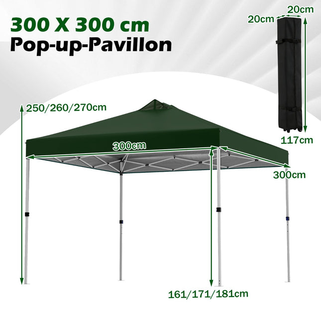 3 x 3 m zelený pop-up pavilon s pytli s pískem a kolíky
