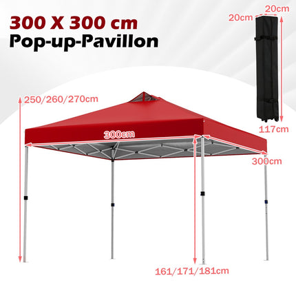 3 x 3 m červený pop-up pavilon s pytli s pískem a kolíky