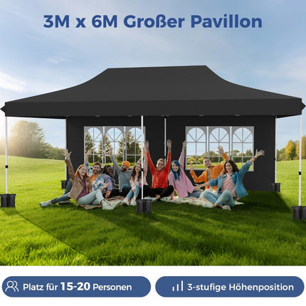 Nůžkový stan 3x6 m s odnímatelnými stěnami, černá