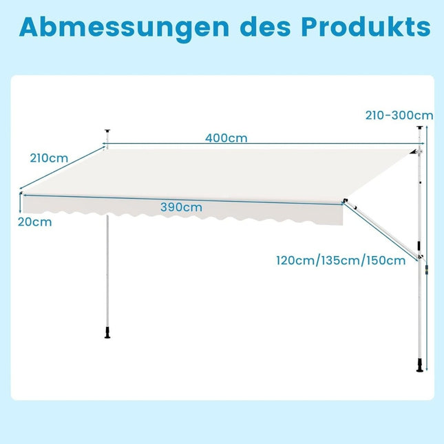 400 cm verstelbare balkonzonwering, zonder boren, wit