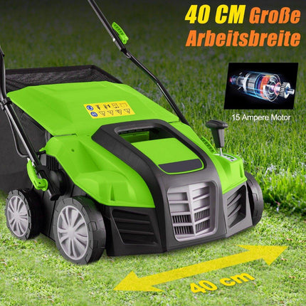41cm elektrický vertikutátor &amp; provzdušňovač trávníku 15A 2v1 s 3polohovým nastavením výšky zelený