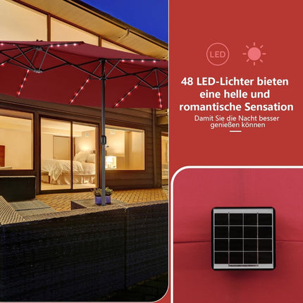 Velký dvojitý zahradní slunečník 470cm se 48 solárními LED světly a klikou, červený