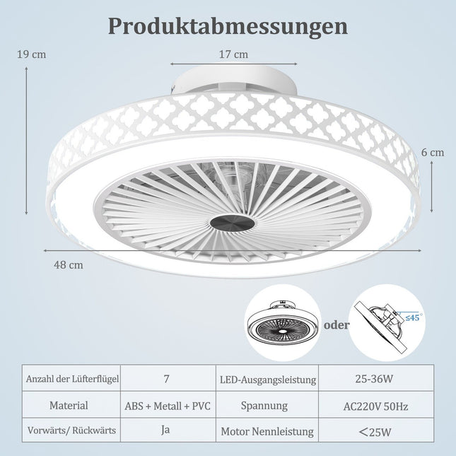 Stropní ventilátor 48cm se světlem a dálkovým ovládáním, reverzní, tichý DC motor