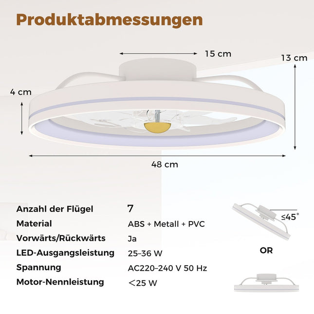 Stropní ventilátor 48cm se světlem, reverzní, stmívatelná LED