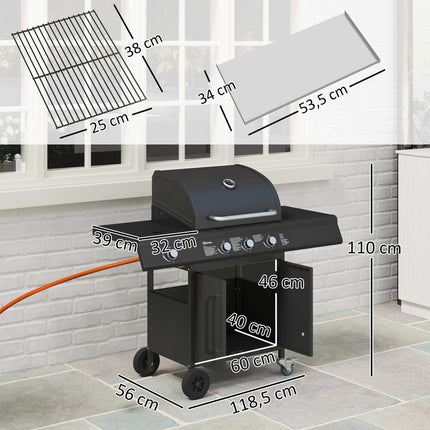 4-Burner Gas Grill with Side Burner, Storage, Black