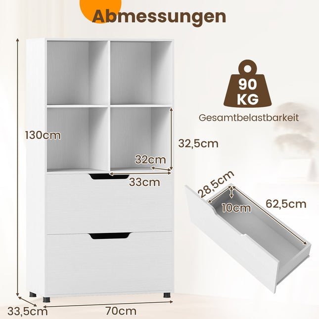 Knihovna se 4 přihrádkami a 2 zásuvkami, 130 cm, bílá