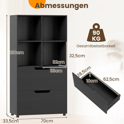 Knihovna se 4 přihrádkami a 2 zásuvkami, černá, 130 cm