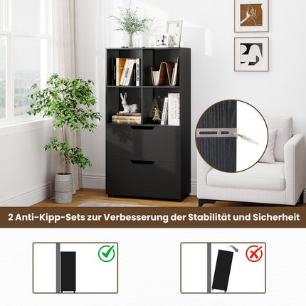 Knihovna se 4 přihrádkami a 2 zásuvkami, černá, 130 cm