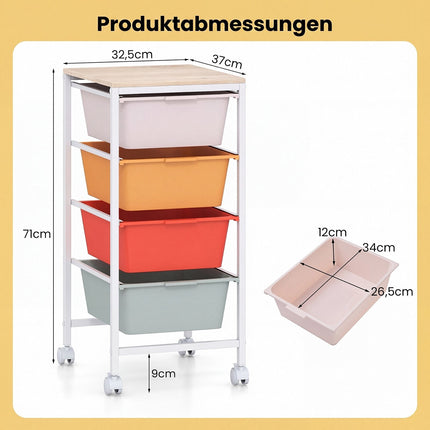 4-Drawer Rolling Storage Cart with Wooden Top and Lockable Wheels