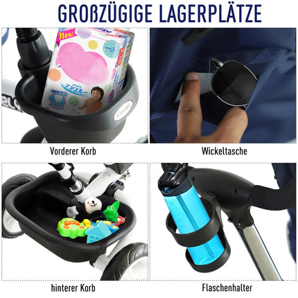 Dětská tříkolka 4v1 s bezpečnostním pásem a stříškou, modrá