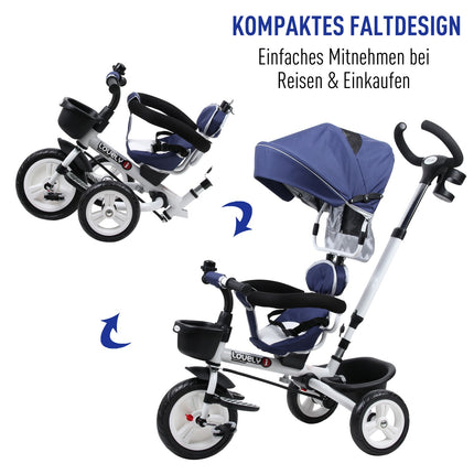 Dětská tříkolka 4v1 s bezpečnostním pásem a stříškou, modrá