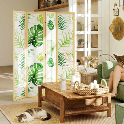 Skládací paraván se 4 díly, motiv boho palmy, zelená