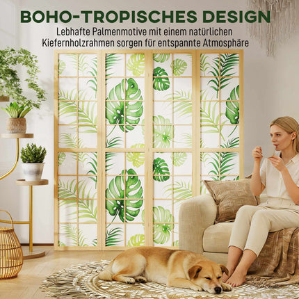 Skládací paraván se 4 díly, motiv boho palmy, zelená