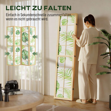 Skládací paraván se 4 díly, motiv boho palmy, zelená