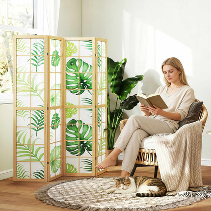 Skládací paraván se 4 díly, motiv boho palmy, zelená