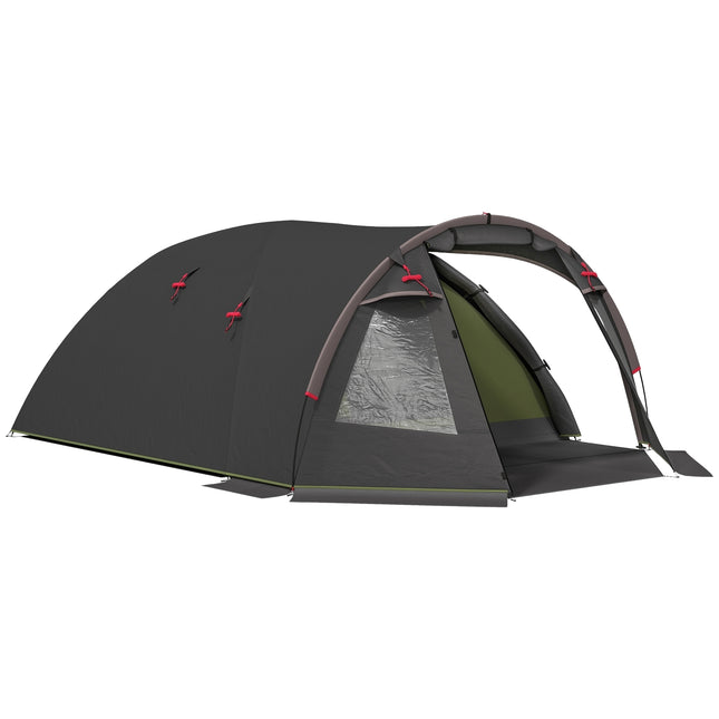 Tunneltent voor 4 personen, lichtgewicht, stabiel, waterdicht, UV 50+ kampeertent met luifel, dubbele deur, zwart