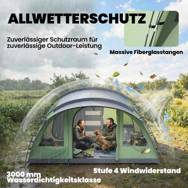 Tunneltent voor 4 personen met 2 kamers, 196 cm hoog, waterdicht