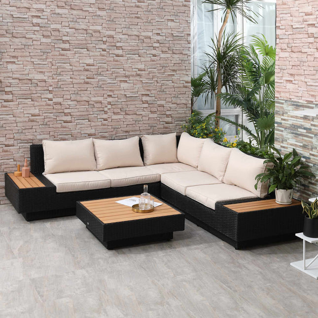 Sada 4 dílů venkovního lounge nábytku z polyratanu s polstry, černá