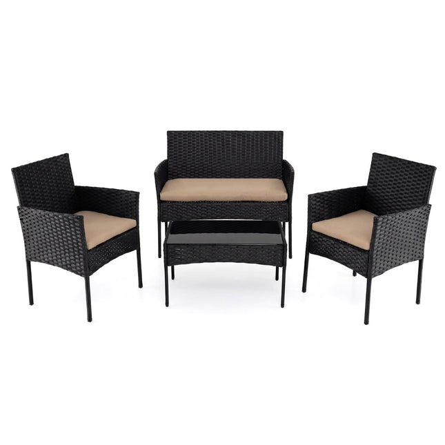 4-Piece PE Rattan Patio Set With Cushions, Glass Table