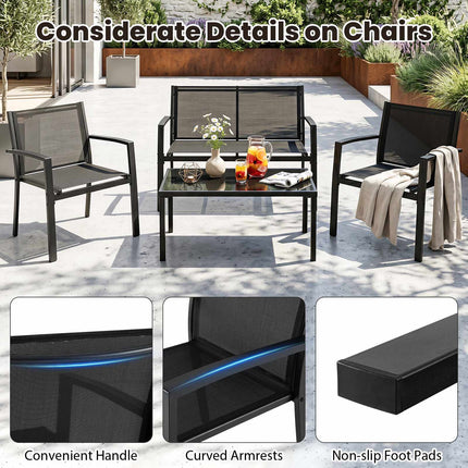 4-Piece Patio Furniture Set with Glass Table & Metal Frame